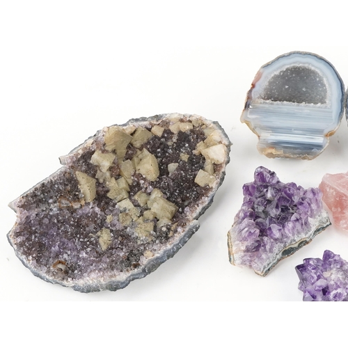 1416 - Collection of rock and mineral specimens including amethyst, rose quartz and agate, the largest 19cm... 