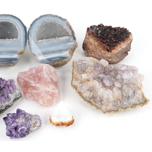 1416 - Collection of rock and mineral specimens including amethyst, rose quartz and agate, the largest 19cm... 