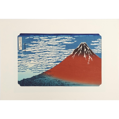 383 - Ten Japanese woodblock prints, mid 20th century, within a gilt folder, some with artist's signatures... 