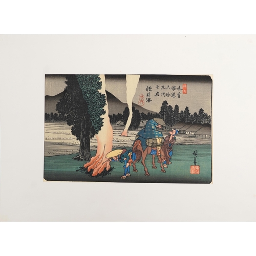 383 - Ten Japanese woodblock prints, mid 20th century, within a gilt folder, some with artist's signatures... 