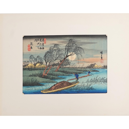 383 - Ten Japanese woodblock prints, mid 20th century, within a gilt folder, some with artist's signatures... 