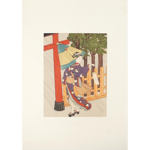 383 - Ten Japanese woodblock prints, mid 20th century, within a gilt folder, some with artist's signatures... 