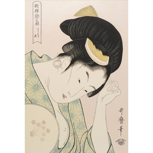 383 - Ten Japanese woodblock prints, mid 20th century, within a gilt folder, some with artist's signatures... 