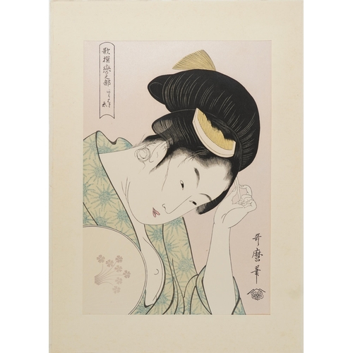 383 - Ten Japanese woodblock prints, mid 20th century, within a gilt folder, some with artist's signatures... 