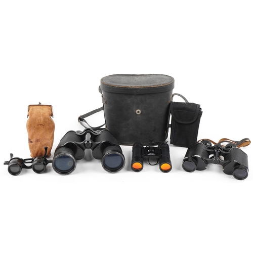 1493 - Three pairs of vintage and later binoculars and a pair of folding opera glasses including Titan 7 x ... 