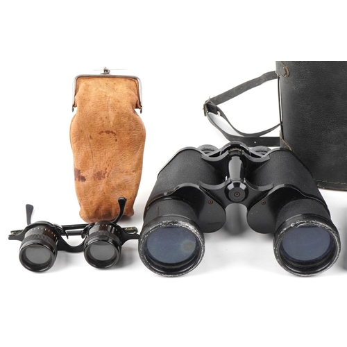 1493 - Three pairs of vintage and later binoculars and a pair of folding opera glasses including Titan 7 x ... 