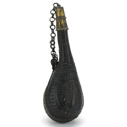 142 - Antique Middle Eastern camel scrotum powder flask with measuring cap lid, 18cm in length