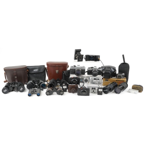 1482 - Vintage and later cameras, lenses, accessories and binoculars including Olympus OM10, Lumière Eljy a... 