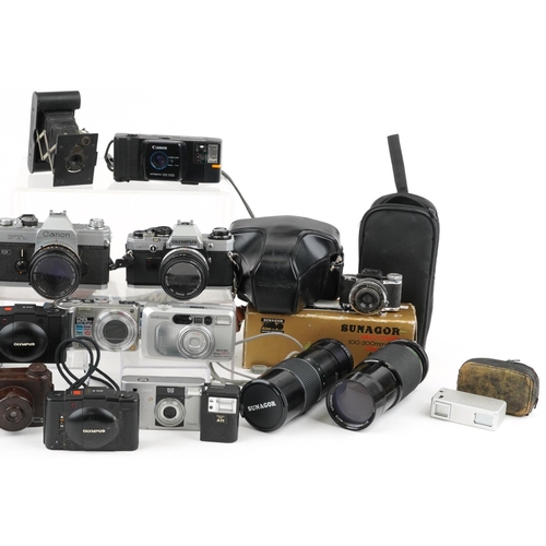 1482 - Vintage and later cameras, lenses, accessories and binoculars including Olympus OM10, Lumière Eljy a... 