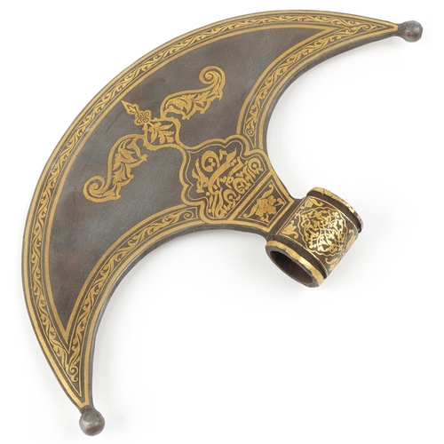 239 - Ottoman Turkish damascened golden inlaid steel ceremonial axe head, 19th/20th century, with niello s... 