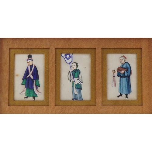 390 - Three Chinese watercolours on rice paper, early 20th century, framed as one, each 9cm x 6cm