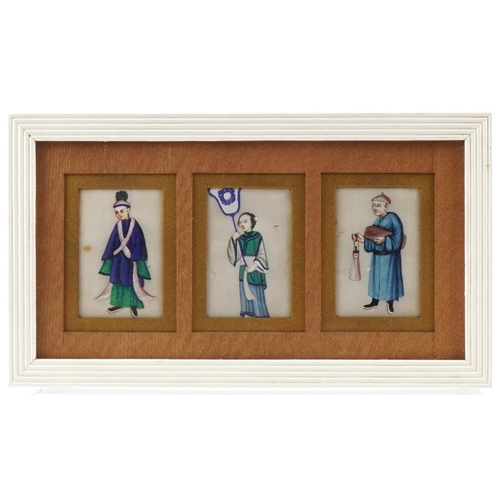 390 - Three Chinese watercolours on rice paper, early 20th century, framed as one, each 9cm x 6cm