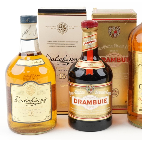 601 - Group of five bottles of spirits to include Dalwhinnie Single Highland Malt 15 Years Old whisky, bot... 