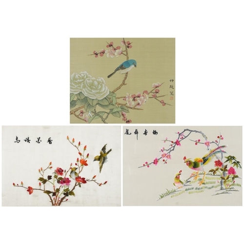 389 - Japanese watercolour on silk, 20th century, framed and glazed, 30cm x 24cm, together with a pair of ... 