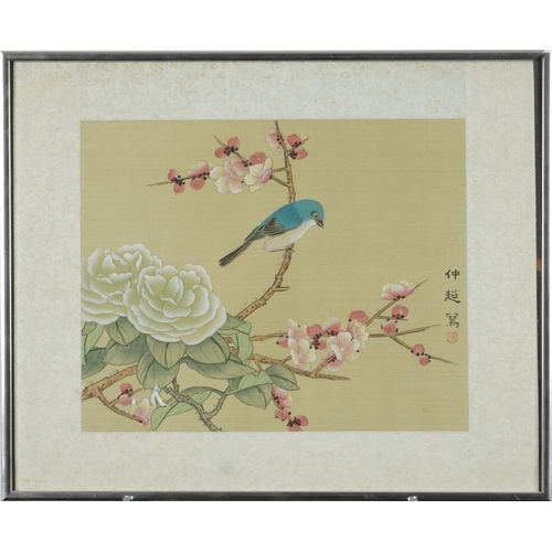 389 - Japanese watercolour on silk, 20th century, framed and glazed, 30cm x 24cm, together with a pair of ... 