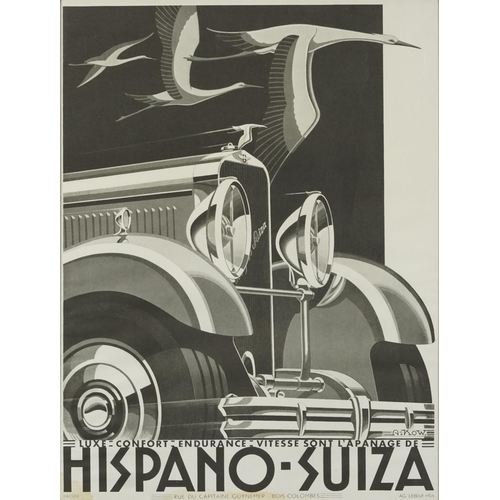 2481 - Art Deco black and white Hispano-Suiza advertising poster, framed and glazed, 60cm x 46cm