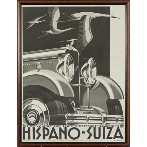 2481 - Art Deco black and white Hispano-Suiza advertising poster, framed and glazed, 60cm x 46cm