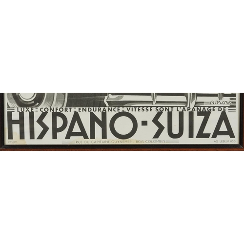 2481 - Art Deco black and white Hispano-Suiza advertising poster, framed and glazed, 60cm x 46cm