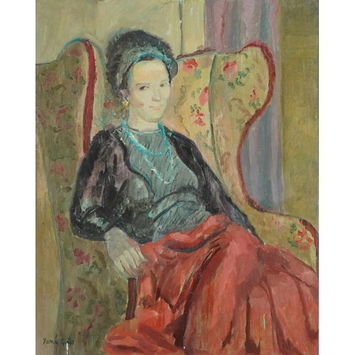 3652 - Yamagloss - Portrait of a seated lady, Modern British school oil on artist's board, indistinctly sig... 