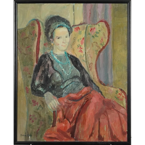 3652 - Yamagloss - Portrait of a seated lady, Modern British school oil on artist's board, indistinctly sig... 