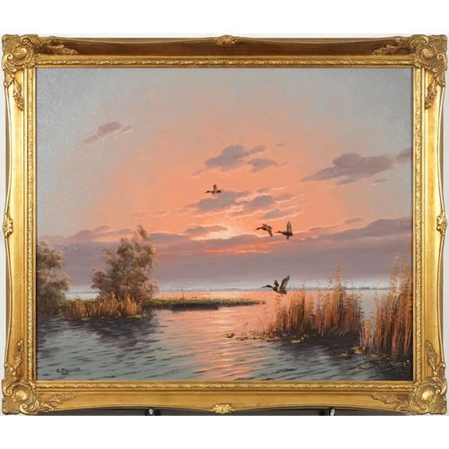 3412 - G. Brouwer - Continental landscape with ducks in flight, 20th century oil on canvas, within a gilt c... 