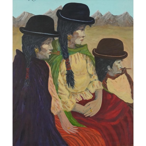 3434 - Sheridan - Three Bolivian ladies, 20th century South American school acrylics on laid paper, indisti... 