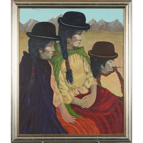 3434 - Sheridan - Three Bolivian ladies, 20th century South American school acrylics on laid paper, indisti... 