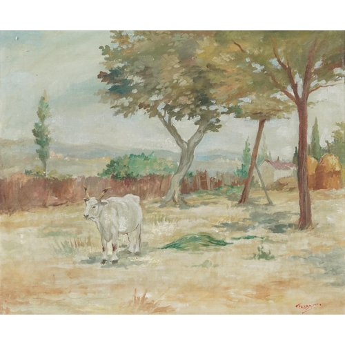 3406 - Fabiani - Bull in a field, 20th century continental school oil on canvas, indistinctly signed to the... 