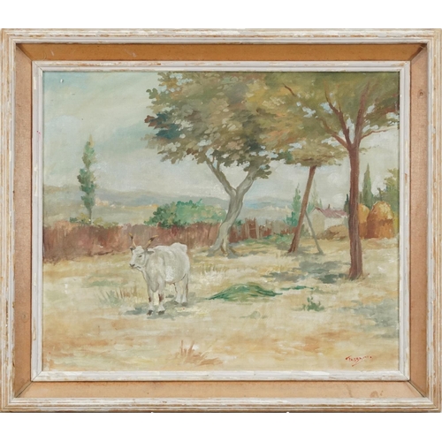 3406 - Fabiani - Bull in a field, 20th century continental school oil on canvas, indistinctly signed to the... 