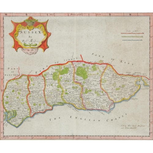 2478 - Robert Morden - Map of Sussex, hand coloured engraving circa 1695, retailed by Abel Swale, Awnsham &... 