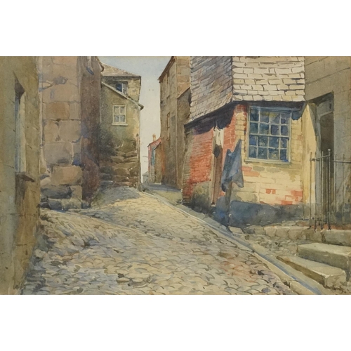 3424 - Cobbled street scene, 20th century British school watercolour on paper, framed and glazed, 26cm x 17... 