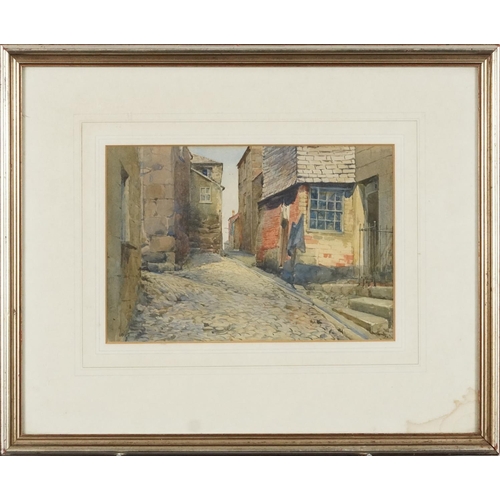 3424 - Cobbled street scene, 20th century British school watercolour on paper, framed and glazed, 26cm x 17... 