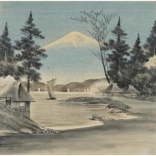 380 - Landscape with Mt. Fuji, 20th century Japanese watercolour on fabric, framed and glazed, 51cm x 50cm