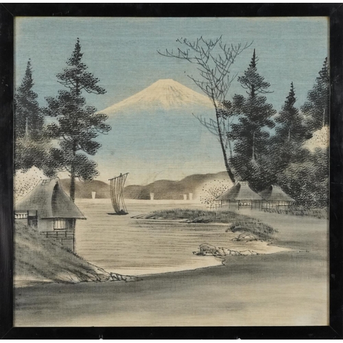 380 - Landscape with Mt. Fuji, 20th century Japanese watercolour on fabric, framed and glazed, 51cm x 50cm