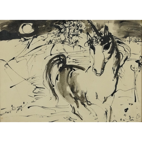 3606 - Joy Griffiths - Unicorn, mid 20th century British school ink and watercolour on paper, bearing label... 