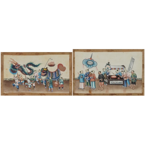 384 - Pair of Chinese watercolours on paper, early 20th century, each depicting a carnival scene, each fra... 