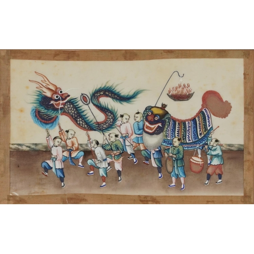 384 - Pair of Chinese watercolours on paper, early 20th century, each depicting a carnival scene, each fra... 