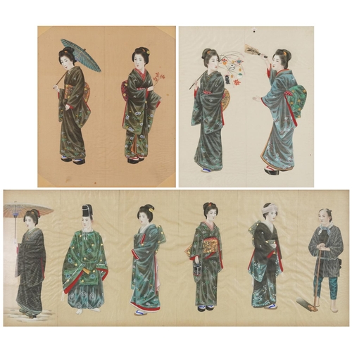 381 - Group of three framed Japanese watercolours on silk, portraits of Geishas, late 19th/early 20th cent... 