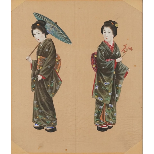 381 - Group of three framed Japanese watercolours on silk, portraits of Geishas, late 19th/early 20th cent... 