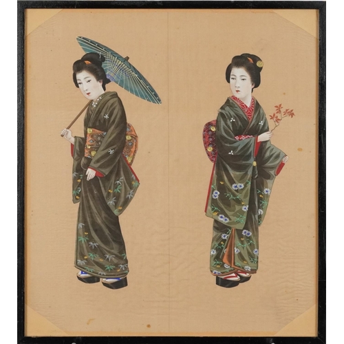 381 - Group of three framed Japanese watercolours on silk, portraits of Geishas, late 19th/early 20th cent... 