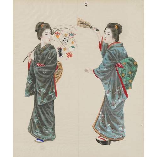 381 - Group of three framed Japanese watercolours on silk, portraits of Geishas, late 19th/early 20th cent... 