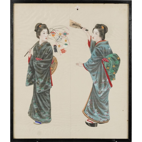 381 - Group of three framed Japanese watercolours on silk, portraits of Geishas, late 19th/early 20th cent... 