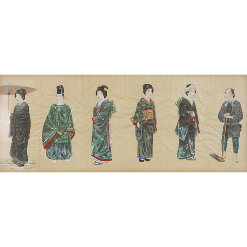 381 - Group of three framed Japanese watercolours on silk, portraits of Geishas, late 19th/early 20th cent... 