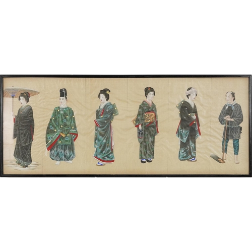 381 - Group of three framed Japanese watercolours on silk, portraits of Geishas, late 19th/early 20th cent... 