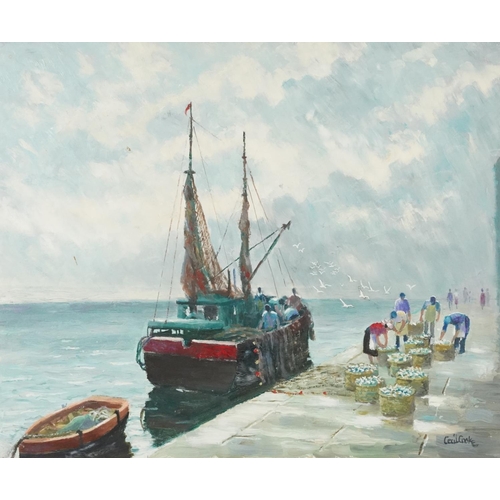 3499 - Cecil Cooke - Fishing boats at dock, 20th century British school oil on board within a gilt frame, s... 