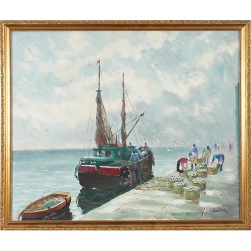 3499 - Cecil Cooke - Fishing boats at dock, 20th century British school oil on board within a gilt frame, s... 