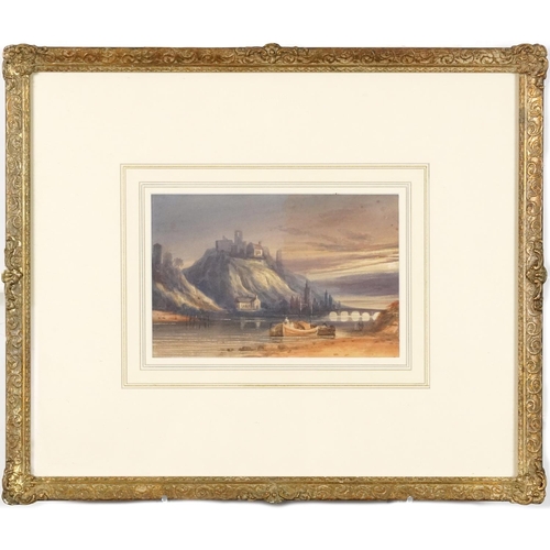 3425 - Landscape, 19th century continental school watercolour on paper within a giltwood and gesso scrollwo... 