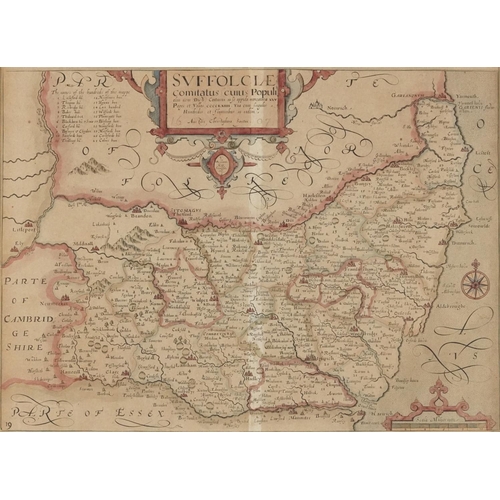 2479 - Christopher Saxton - Map of Suffolk, hand coloured engraving, framed and glazed, 38cm x 27cm