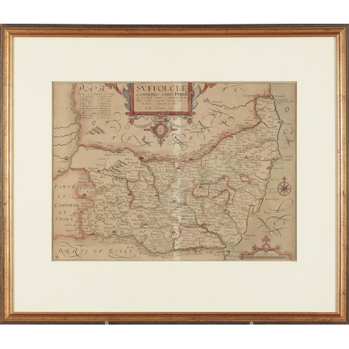 2479 - Christopher Saxton - Map of Suffolk, hand coloured engraving, framed and glazed, 38cm x 27cm