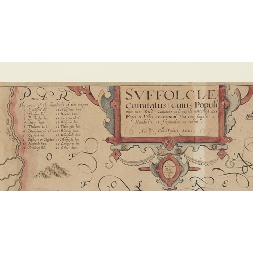 2479 - Christopher Saxton - Map of Suffolk, hand coloured engraving, framed and glazed, 38cm x 27cm